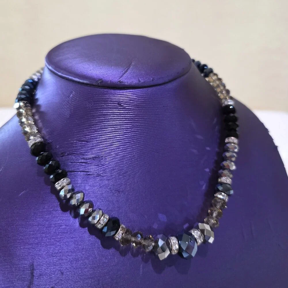Vintage Black Gray Silver Monochrome Crystal Faceted Bead Rhinestone Necklace
